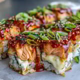 A bubbling 9x9-inch Spicy Salmon Sushi Bake casserole with layers of seasoned rice, flaked salmon, and melted mozzarella.