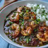 Sizzling shrimp étouffée in a dark roux simmering in a Dutch pot, Cajun spices adding rich color.