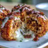 Crisp panko-coated Buffalo Chicken Bacon Mozzarella Bombs drizzled with spicy sauce and fresh herbs.