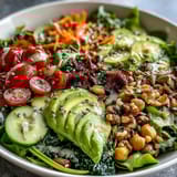 Vibrant Mixed Greens Power Bowl with cherry tomatoes, cucumbers, and pumpkin seeds, perfect for a healthy vegan lunch.