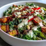 Freshly roasted sweet potato and red peppers add warmth to this Kale Salad Bowl, served with a swirl of creamy tahini dressing.