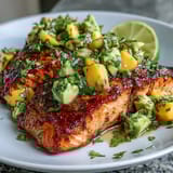 Baked salmon with mango avocado salsa, a vibrant and healthy summer dish full of fresh, zesty flavors.  