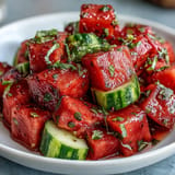 Vibrant, zesty watermelon cucumber salad with Tajin and lime, perfect served chilled.