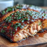 Smoky Cedar Plank Salmon, glistening with sweet and savory maple Dijon sauce.