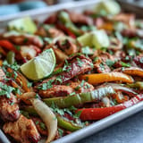 Vibrant sheet pan chicken fajitas, boasting roasted chicken and tender bell peppers.