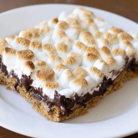 Golden-baked S'mores Bars with a toasted marshmallow topping on a buttery graham cracker crust.