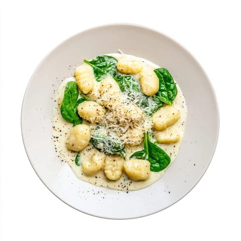 Golden, tender gnocchi tossed in a luscious garlic cream sauce with fresh spinach leaves.  