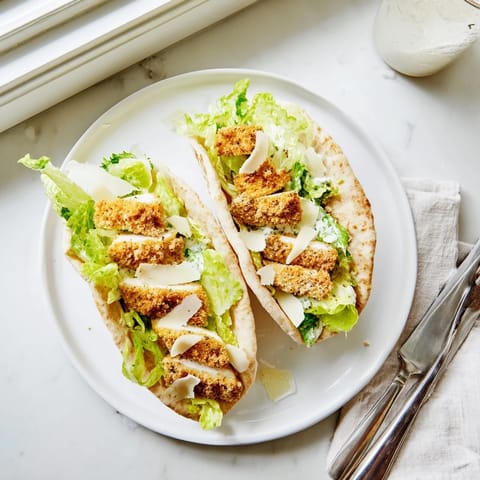 Crunchy panko-crusted chicken Caesar pitas filled with crisp romaine salad and tangy dressing, with lemon wedges ready to squeeze over top.  
