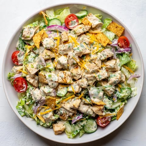 Fresh Jalapeño Ranch Chicken Salad in a white bowl, topped with crispy tortilla strips and cheddar cheese.