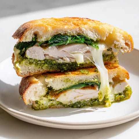 Fresh basil leaves garnish the Chicken Pesto Panini, served beside a small bowl of marinara for dipping.