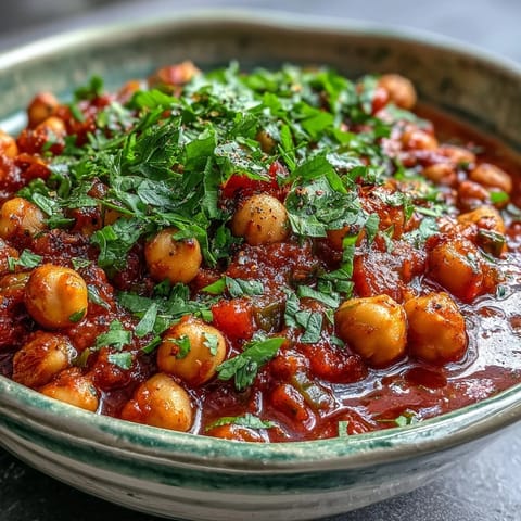 Spicy Chickpea Stew simmering in a pot, garnished with fresh cilantro and a lemon wedge for brightness.  