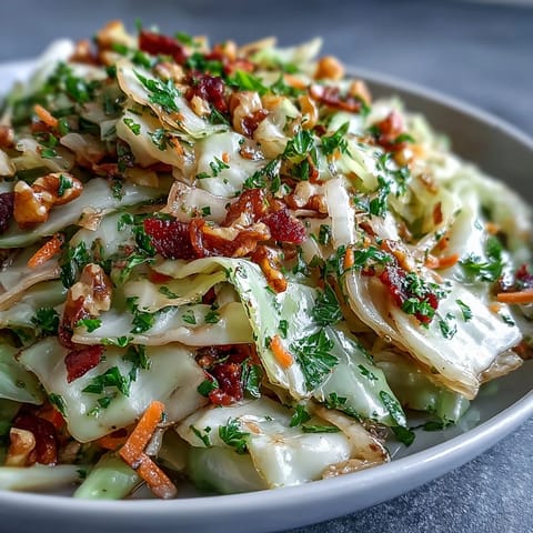 A warm, vibrant bowl of Cooked and Loved Cabbage Salad with sautéed cabbage, crunchy carrots, and a tangy herbaceous dressing.