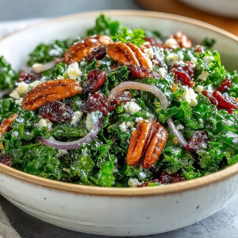 Vibrant massaged kale salad with warm maple-mustard glaze, tossed with toasted pecans and dried cranberries.