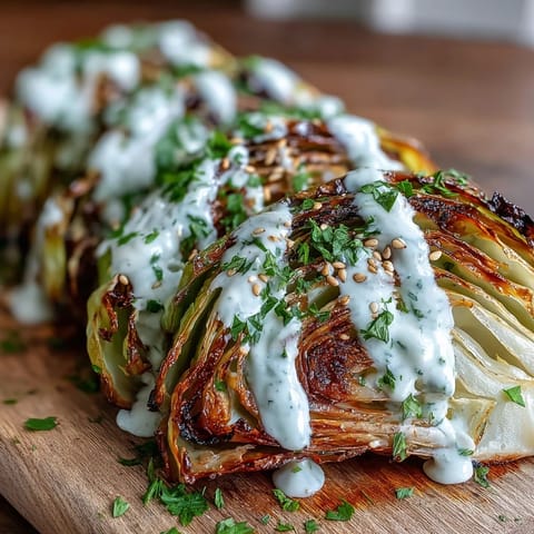 Golden roasted cabbage wedges with crispy edges, drizzled with creamy tahini sauce and fresh parsley garnish.