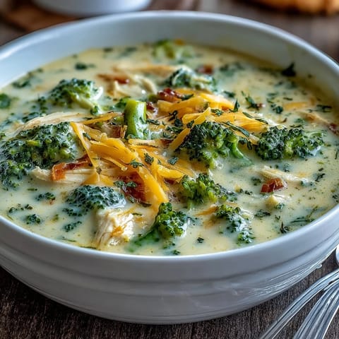 Hearty Best Chicken Broccoli Cheddar Soup served hot, garnished with fresh herbs and a slice of crusty bread.  
