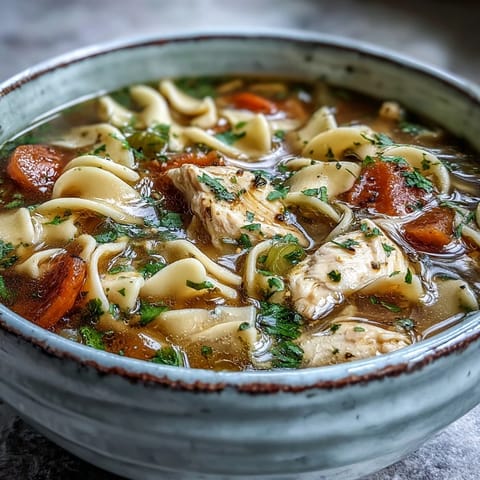 Steam rises from a golden bowl of Chicken Noodle Soup, packed with tender chicken, carrots, and celery in rich broth.