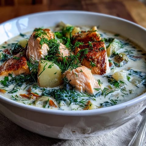 Finnish Salmon Soup ladled into a rustic white bowl, showcasing pink salmon and fresh dill garnish.