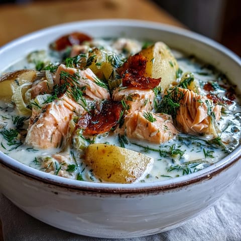 A steaming pot of Finnish Salmon Soup reveals chunky potatoes and carrots in a rich cream broth.