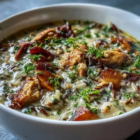 Creamy Parmesan Mushroom Chicken and Wild Rice Soup steaming in a rustic bowl with fresh parsley garnish.