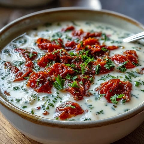 Steaming bowl of creamy white bean soup with tomato garnished with fresh parsley and a swirl of olive oil.  