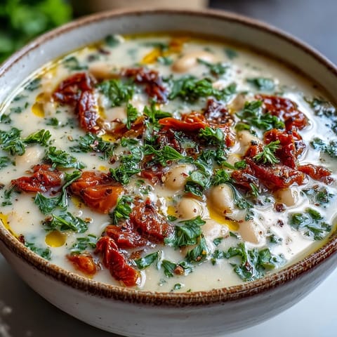 Hearty white bean soup with tomato served warm in a rustic ceramic bowl alongside crusty artisan bread.  