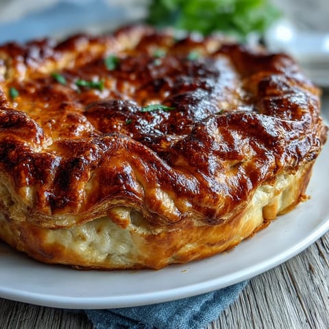 Freshly baked chicken and leek pie with smoky bacon and leeks visible through a small opening in the crust.