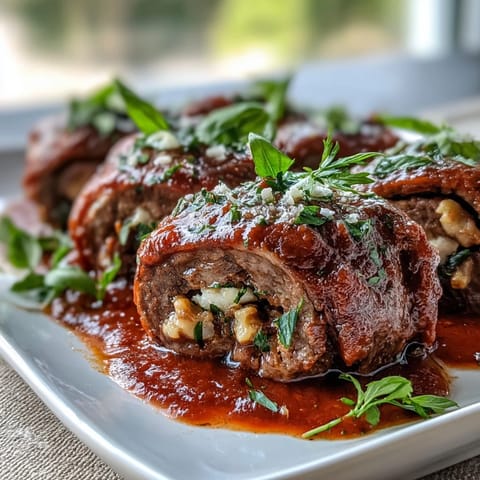 Tender beef rolls filled with pecorino, pine nuts, and raisins, served over pasta.