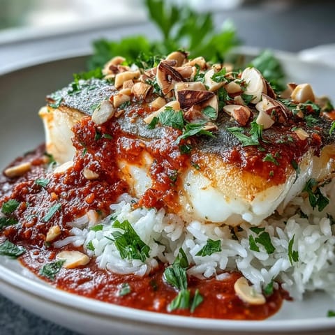 Tomato-Roasted Cod fillets glazed in a zesty tomato sauce, served over aromatic ginger rice with bright parsley garnish.