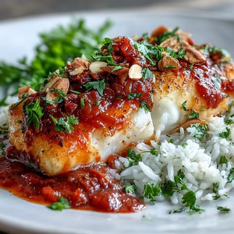 A close-up of Tomato-Roasted Cod topped with crunchy spiced almonds and lemon wedges on a rustic dinner plate.