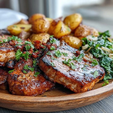 Fresh lemon zest and smoky pimentón season these oven roasted pork chops with greens. 