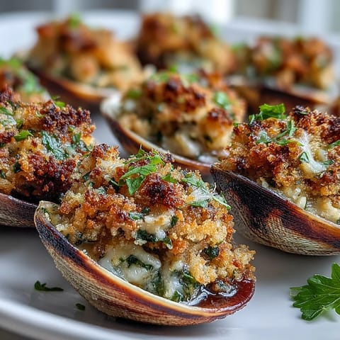 Golden, crunchy lemony panko crowns tender baked clams on a dark tray, served with extra lemon wedges for squeezing.
