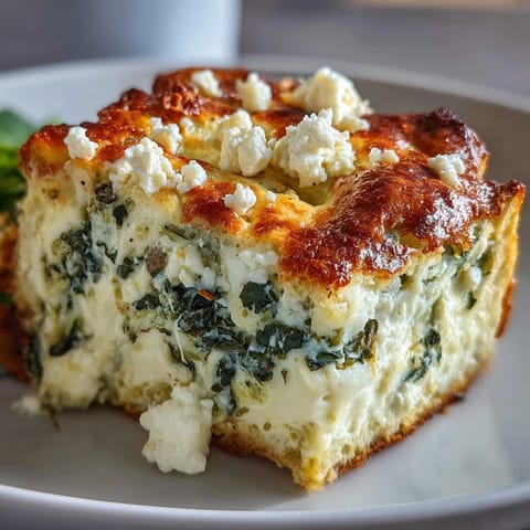 A freshly sliced portion of High Protein Spinach Artichoke Bake reveals creamy cottage cheese and vibrant green spinach.