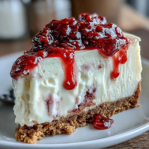 A slice of Indulgent White Chocolate Raspberry Cheesecake Bliss reveals its buttery graham cracker crust and rich, creamy filling. Swirls of ruby-red raspberry sauce provide a tart contrast against the decadent white chocolate in this elegant dessert. Perfect for celebrations, it's garnished with fresh berries on a white plate.