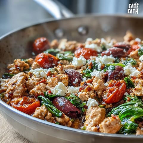 Savory Mediterranean Keto Ground Chicken Skillet topped with creamy feta and bright cherry tomatoes, served over a bed of spinach.