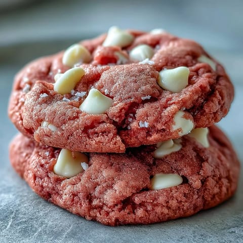Freshly baked Pink Velvet Cookies with creamy white chocolate chips on a cooling rack.
