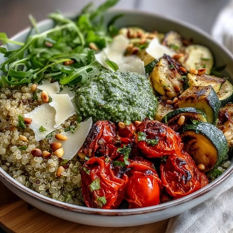 A close-up of the Arugula Pesto Bowl reveals shaved Parmesan and golden pine nuts over colorful roasted vegetables and grains.