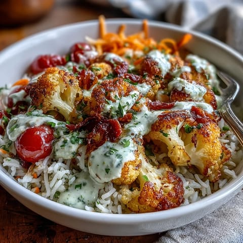 A close-up of a vibrant Roasted Cauliflower Bowl featuring golden herb-roasted cauliflower, fluffy rice, fresh vegetables, and a creamy drizzle of tahini sauce.