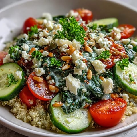 Freshly sautéed spinach and creamy feta cheese top a warm quinoa base in this wholesome Spinach and Feta Grain Bowl.