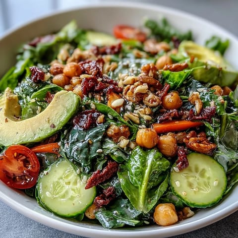 Fresh Mixed Greens Power Bowl topped with avocado, chickpeas, and toasted almonds, drizzled with tangy lemon vinaigrette.
