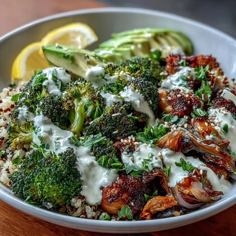 Crispy roasted broccoli and red onion top a bed of fluffy quinoa in a Roasted Broccoli Bowl, drizzled with creamy tahini sauce.