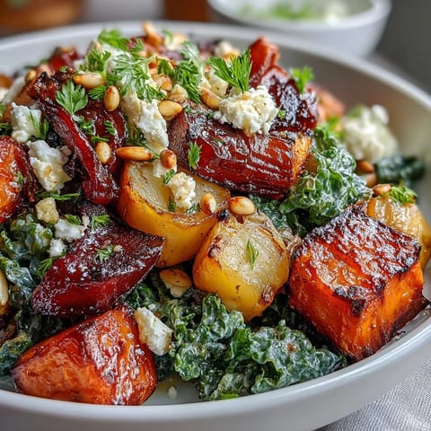 Warm winter root vegetable bowl with roasted carrots, parsnips, sweet potato, and beet over massaged kale, topped with tangy dressing and toasted pumpkin seeds.