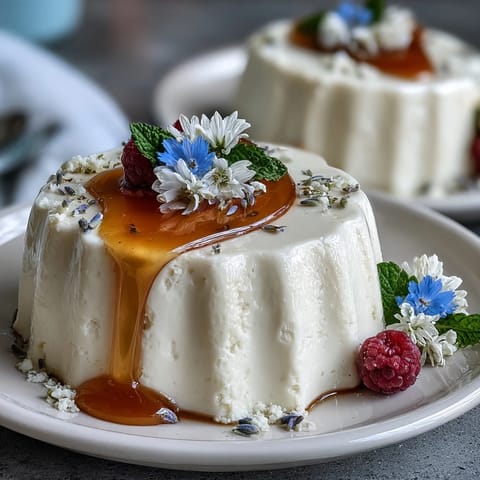 Creamy Italian panna cotta infused with lavender and honey, garnished with fresh berries.