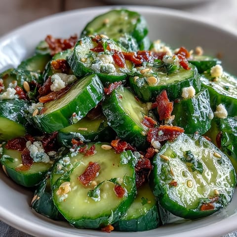 Smashed Cucumber Salad with Garlic Chili Oil - Crisp cucumbers smashed and tossed in tangy dressing, topped with sizzling garlic chili oil and sesame seeds.