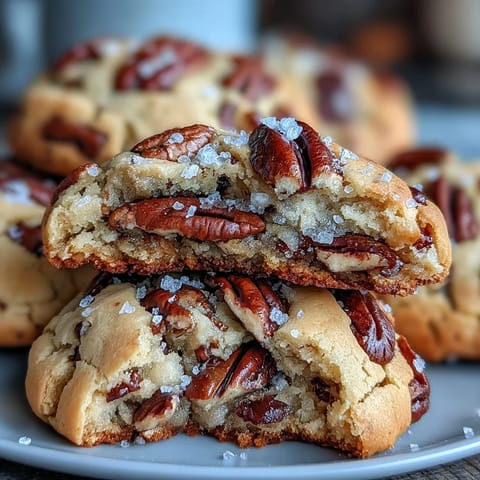 Golden brown butter pecan cookies with toasted nuts and a sprinkle of flaky sea salt on top.