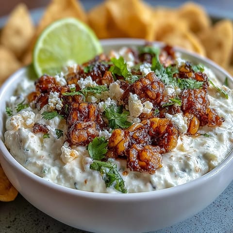 Creamy elote dip with charred corn, cotija cheese, and lime, served with crispy tortilla chips for a tangy Mexican appetizer.