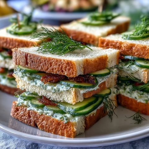 Mothers Day Tea Party Sandwiches with Lemon Butter on a tiered serving tray, garnished with fresh herbs and edible flowers.