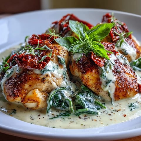 Creamy Tuscan Chicken with Sun-Dried Tomatoes served over pasta in a rich, herb-infused cream sauce.