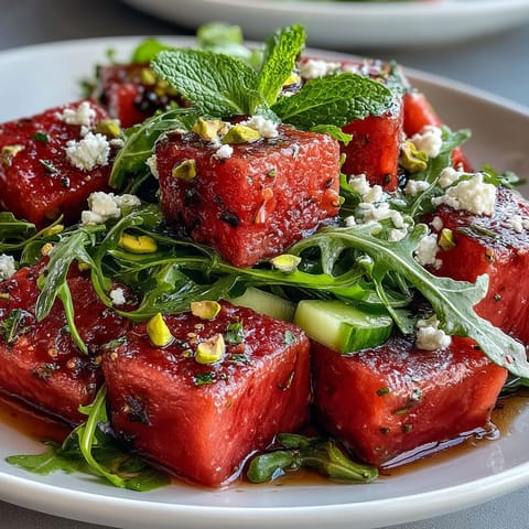 Vibrant Watermelon and Arugula Salad with creamy feta, mint, and lime vinaigrette, perfect for summer gatherings.