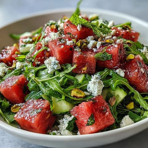 Refreshing Watermelon and Arugula Salad with juicy watermelon, peppery greens, and crunchy nuts, drizzled in zesty dressing.