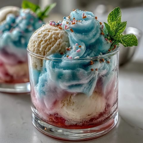 Creamy vanilla ice cream melts into tart lemonade, topped with fluffy pink cotton candy for a dreamy party drink.